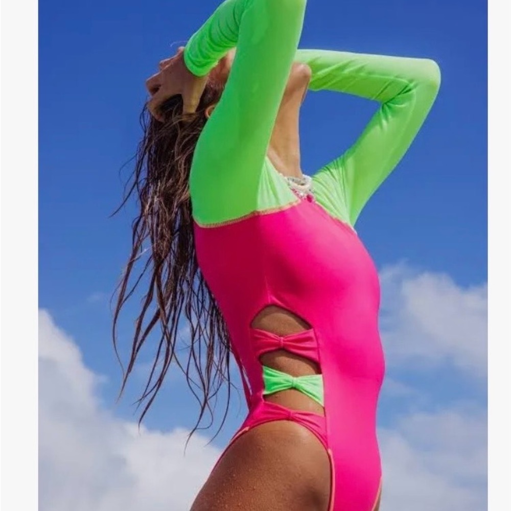 LoveShackFancy X Hurley UV protection  Womens Neon Pink & Green Long Sleeve Swim